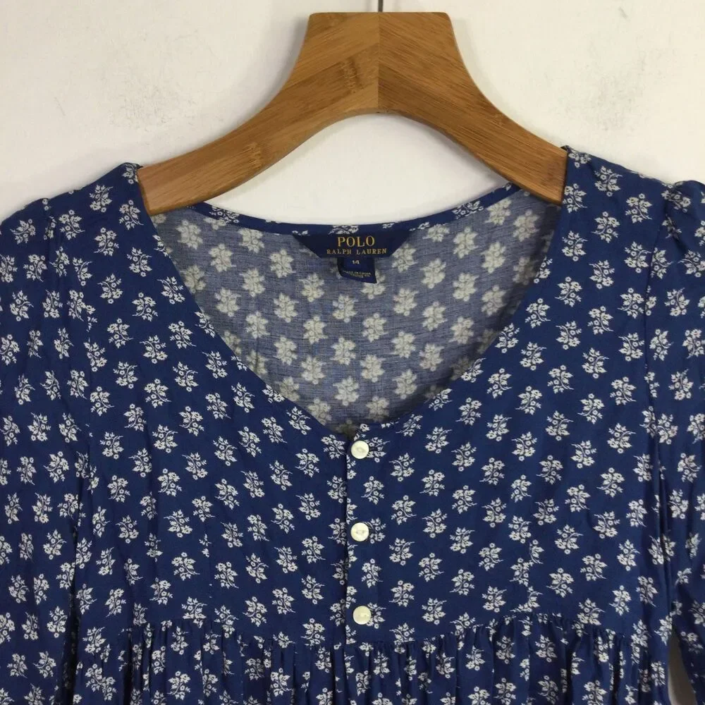 Polo Ralph Lauren Girls Floral Print Boho Dress Denim Blue White Size 14 NWT
